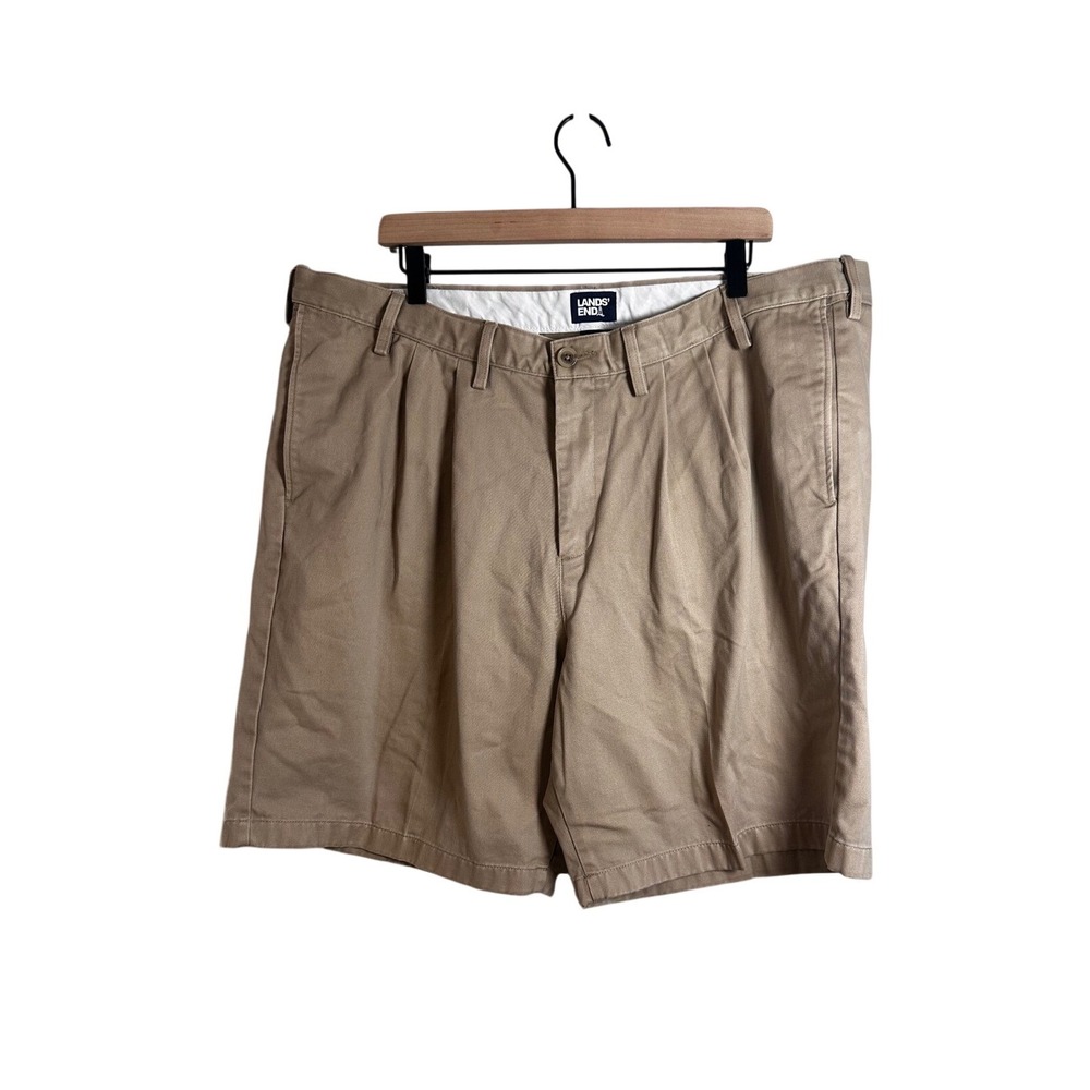 Lands End Mens 44 Traditional Fit Pleated Chino Shorts Khaki‎ Cotton Twill Tan